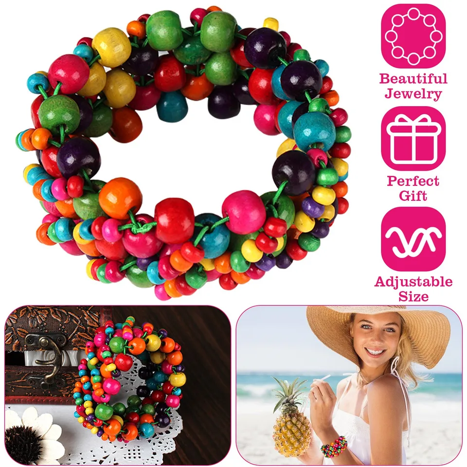1 Pc Multi-Color Wooden Beaded Stretchy Bracelet Colorful Exotic Style Elastic Bracelets For Women Girls Children view 3
