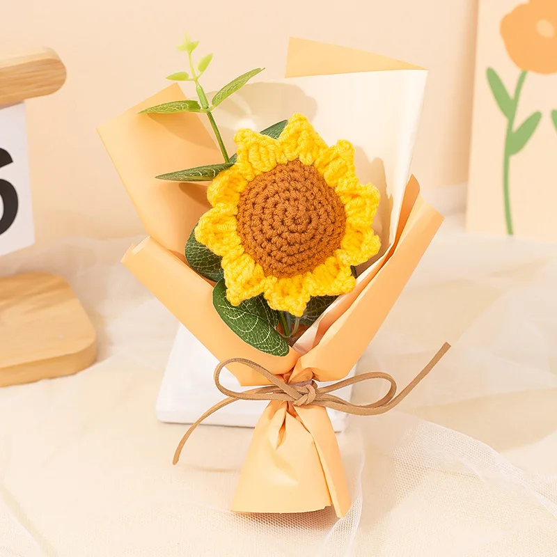 Mini Sunflower Hand-woven Bouquet Wool Knitted Flower Souvenir Teacher's Day Christmas Valentine's Day Gift view 2