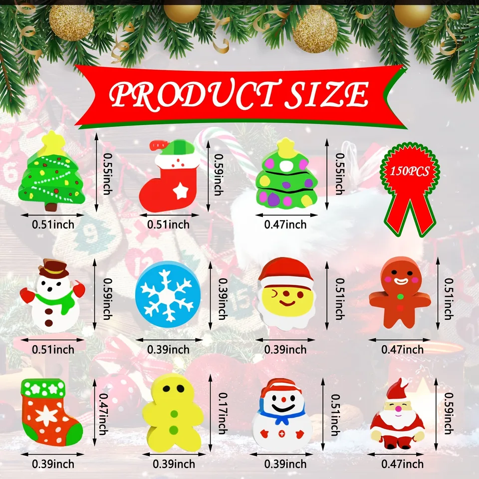 150 Pcs Christmas Cute Small Animal Erasers Bulk, Mini Erasers, Desk Pets, Christmas Pencil Erasers, Socks Santa Snowflakes Gift Filling view 2