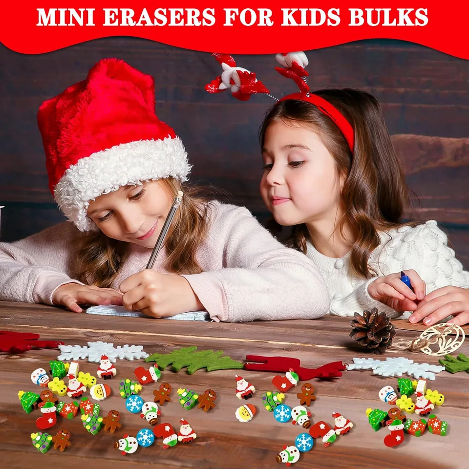 150 Pcs Christmas Cute Small Animal Erasers Bulk, Mini Erasers, Desk Pets, Christmas Pencil Erasers, Socks Santa Snowflakes Gift Filling view 4