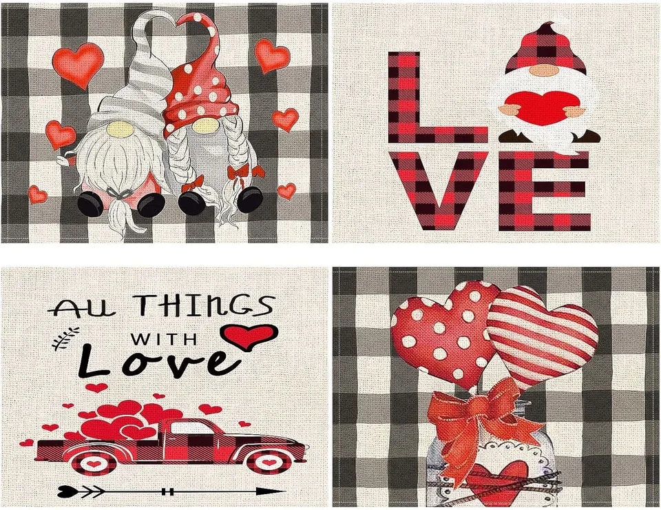 Valentines Day Placemats Set Of 4, 17x12.5 Inches With Gnomes And Hearts Pattern For Holiday Parties And Family Gatherings Clearance Sale view 4