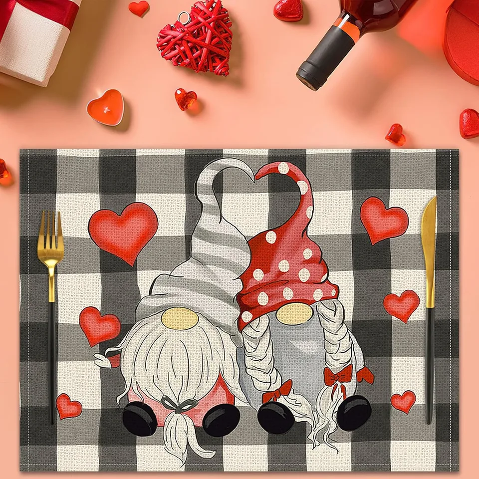 Valentines Day Placemats Set Of 4, 17x12.5 Inches With Gnomes And Hearts Pattern For Holiday Parties And Family Gatherings Clearance Sale view 2
