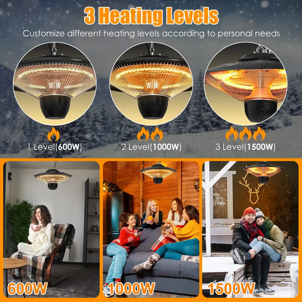 1500W Outdoor Patio Heater Electric Hanging Heated Ceiling Mounted Heating Lamp IP23 Waterproof With 3 Heating Levels 30Mins 60Mins Timer 2 Remote Control For Garage Balcony Courtyard view 2
