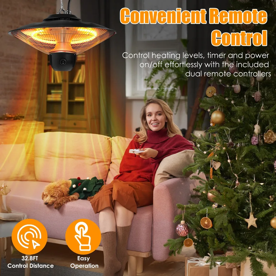 1500W Outdoor Patio Heater Electric Hanging Heated Ceiling Mounted Heating Lamp IP23 Waterproof With 3 Heating Levels 30Mins 60Mins Timer 2 Remote Control For Garage Balcony Courtyard view 4