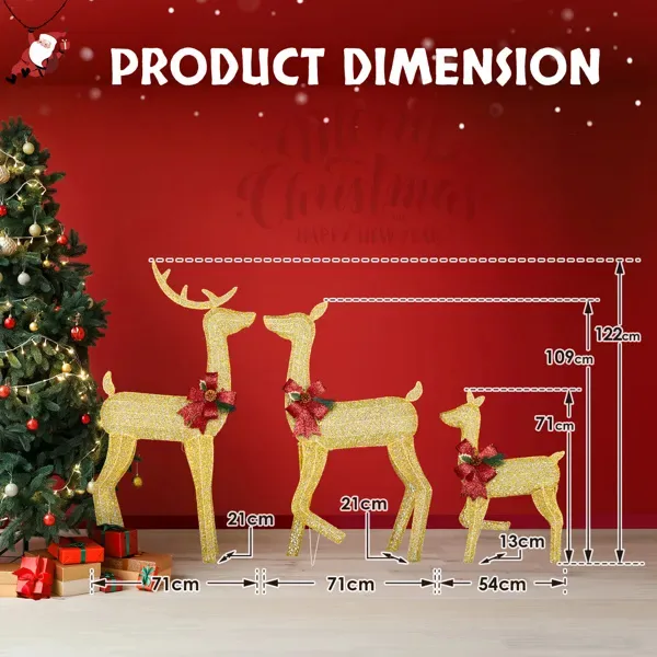 3-Piece Lighted Christmas Reindeer Family Set Outdoor Decorations, Weather Proof 2D Deer Family Set Of 3 Christmas Ornament Home Decor Pre-lit 200 LED Warm White Lights With Stakes, Golden view 3