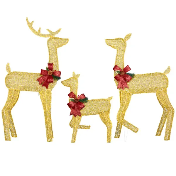 3-Piece Lighted Christmas Reindeer Family Set Outdoor Decorations, Weather Proof 2D Deer Family Set Of 3 Christmas Ornament Home Decor Pre-lit 200 LED Warm White Lights With Stakes, Golden view 2