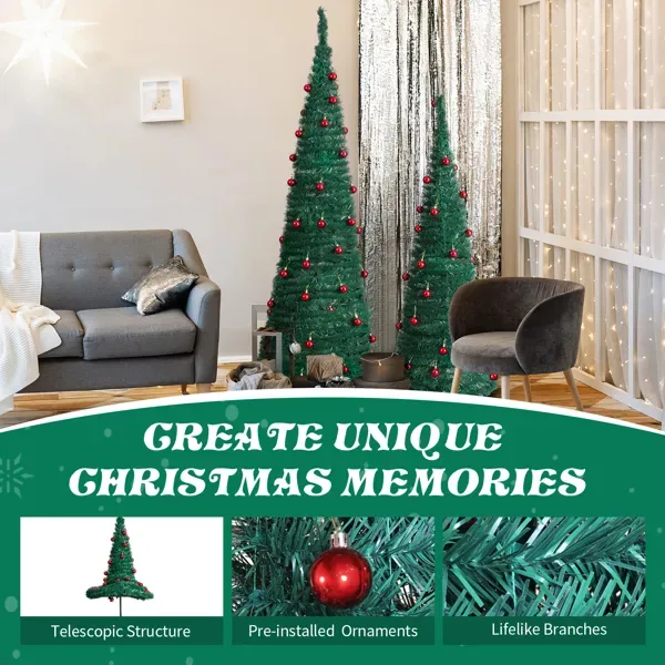 2 Pack, 6FT 5FT Artificial Up Christmas Tree With Red Ball Ornaments For For Home Office Store Holiday Deco, Green view 3
