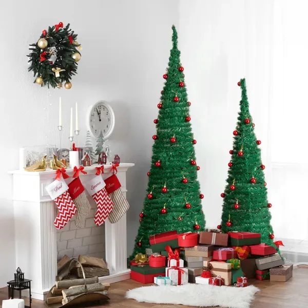 2 Pack, 6FT 5FT Artificial Up Christmas Tree With Red Ball Ornaments For For Home Office Store Holiday Deco, Green view 4