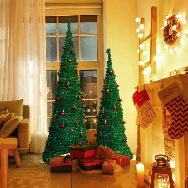 2 Pack, 6FT 5FT Artificial Up Christmas Tree With Red Ball Ornaments For For Home Office Store Holiday Deco, Green view 2