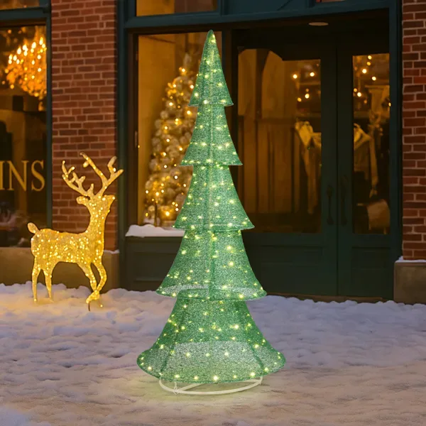6FT Lighted Christmas Tree Yard Decorations, Pre-lit Pull Up Christmas Tree With 200 LED Warm White Lights For Xmas Outdoor Holiday Indoor view 4