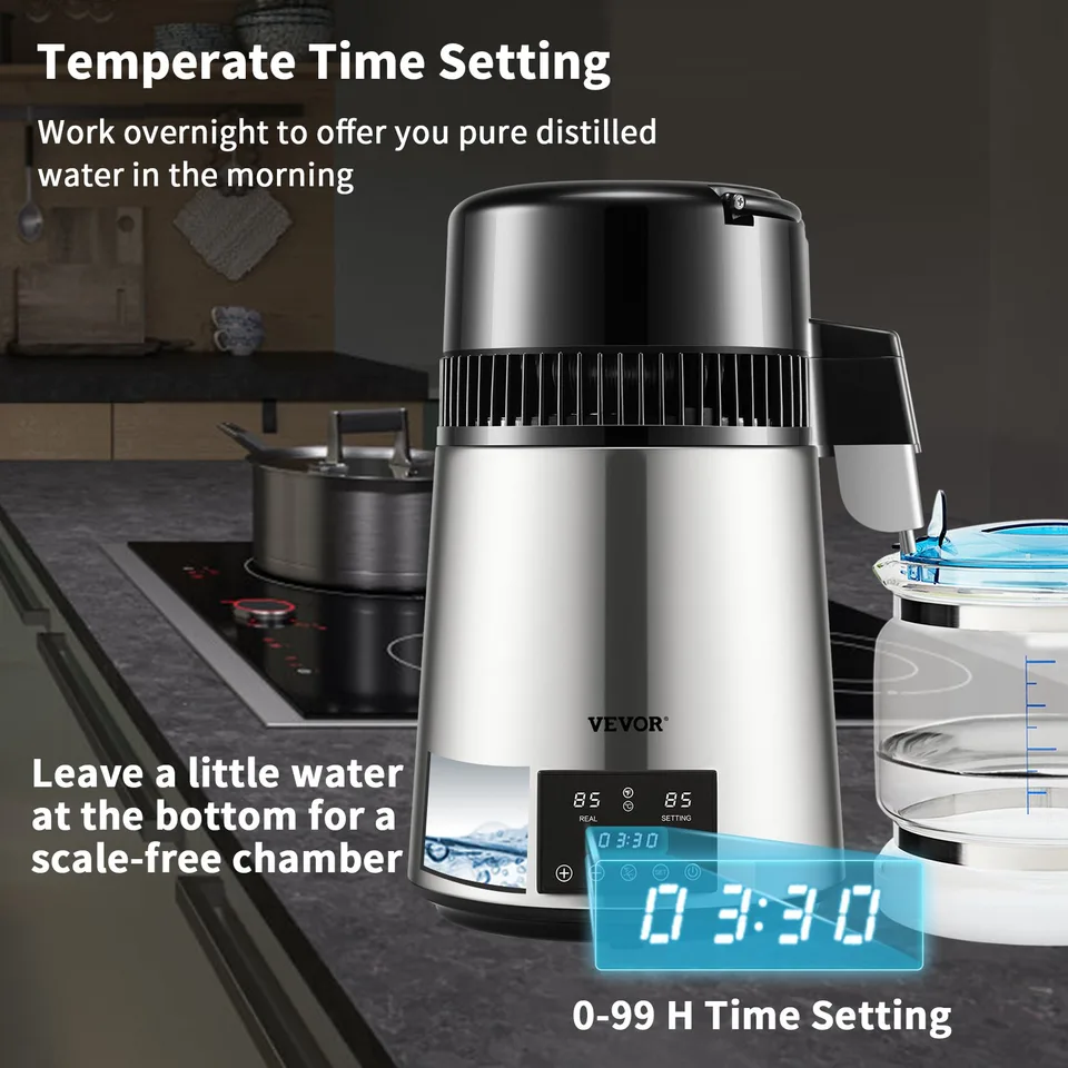 1.1 Gal Water Distiller, 0.3 Gal/H, 750W Distilled Water Maker Machine 0-99H Timing Dual Temp Display, 304 Stainless Steel Countertop view 2