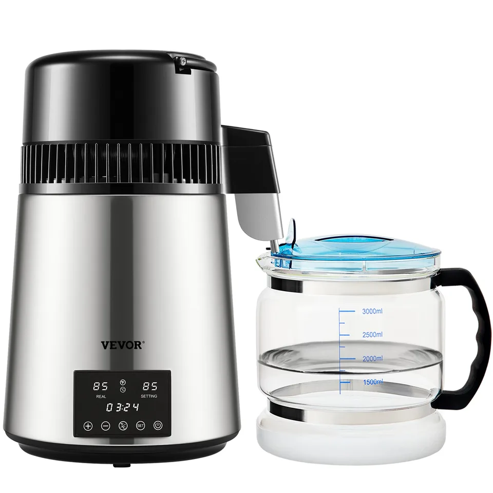 1.1Gal Water Distiller, 0.3Gal/H, 750W Distilled Water Maker Machine 0-99H Timing Dual Temp Display, 304 Stainless Steel Countertop Distiller Glass Carafe Cleaning Powder 3 Carbon Packs, Silver