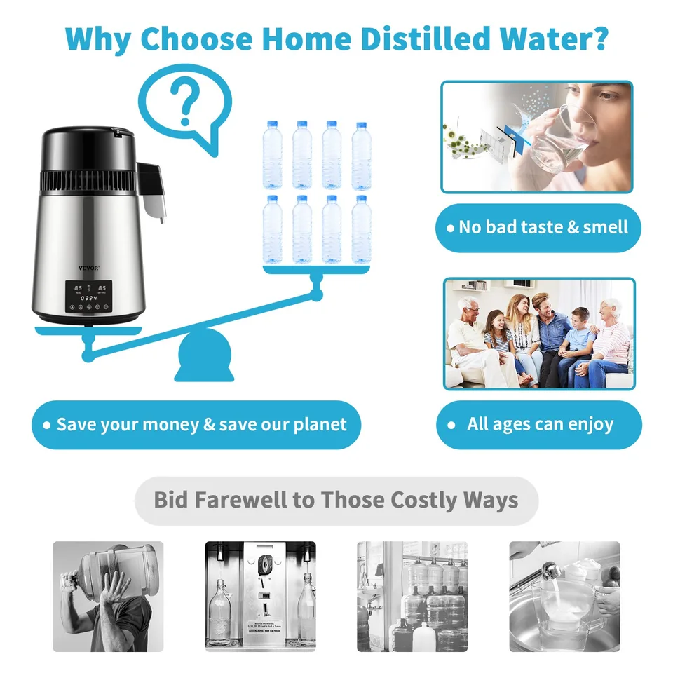 1.1 Gal Water Distiller, 0.3 Gal/H, 750W Distilled Water Maker Machine 0-99H Timing Dual Temp Display, 304 Stainless Steel Countertop view 3