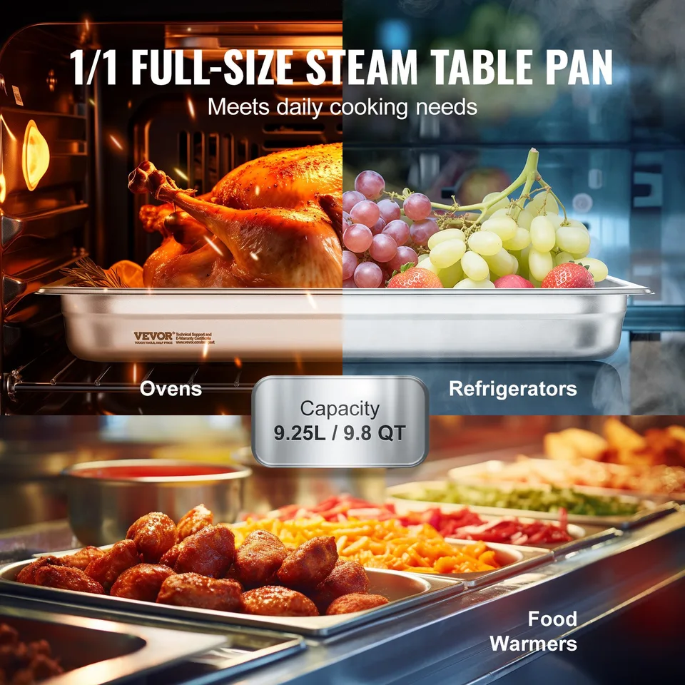 6 Pack Hotel Pans, Full Size Anti-Jam Steam Pan, 0.8mm Thick Stainless Steel Restaurant Steam Table Pan, 2.5-Inch Deep Commercial Table Pan view 3