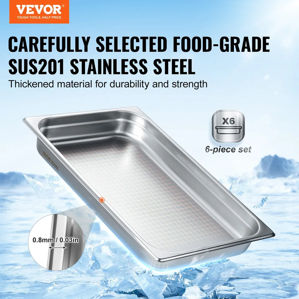 6 Pack Hotel Pans, Full Size Anti-Jam Steam Pan, 0.8mm Thick Stainless Steel Restaurant Steam Table Pan, 2.5-Inch Deep Commercial Table Pan view 2