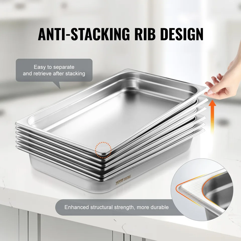 6 Pack Hotel Pans, Full Size Anti-Jam Steam Pan, 0.8mm Thick Stainless Steel Restaurant Steam Table Pan, 2.5-Inch Deep Commercial Table Pan view 4