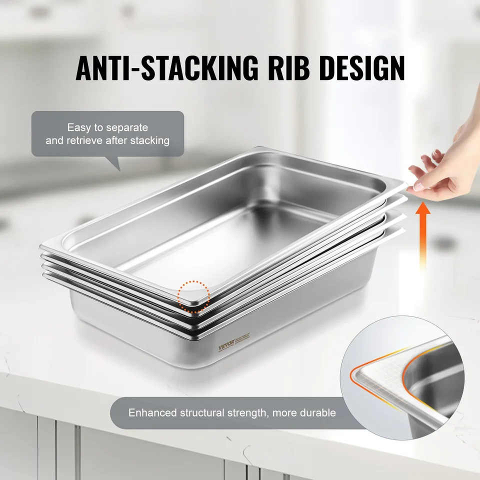 4 Pack Hotel Pans, Full Size Anti-Jam Steam Pan With Lid, 0.8mm Thick Stainless Steel Steam Table Pan, 4-Inch Deep Commercial Table Pan view 3