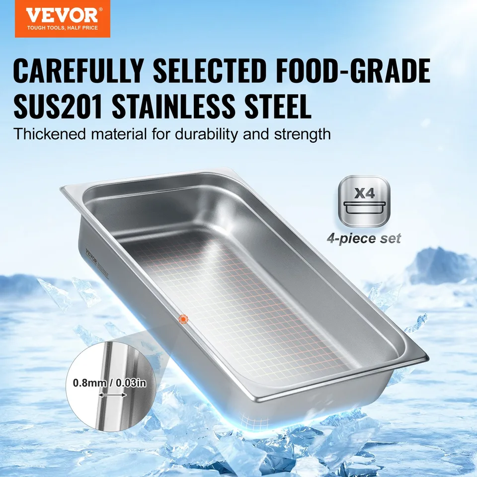 4 Pack Hotel Pans, Full Size Anti-Jam Steam Pan With Lid, 0.8mm Thick Stainless Steel Steam Table Pan, 4-Inch Deep Commercial Table Pan view 4