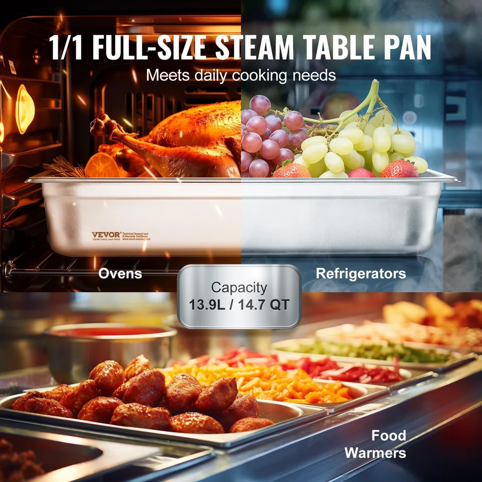 4 Pack Hotel Pans, Full Size Anti-Jam Steam Pan With Lid, 0.8mm Thick Stainless Steel Steam Table Pan, 4-Inch Deep Commercial Table Pan view 2
