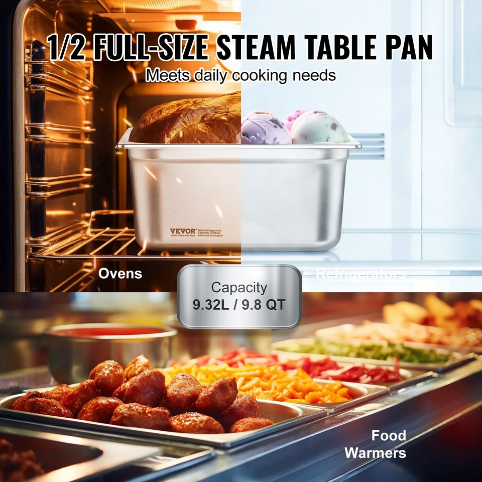 6 Pack Hotel Pans, 1/2 Size Anti-Jam Steam Pan, 0.8mm Thick Stainless Steel Restaurant Steam Table Pan, 6-Inch Deep Commercial Table Pan view 3