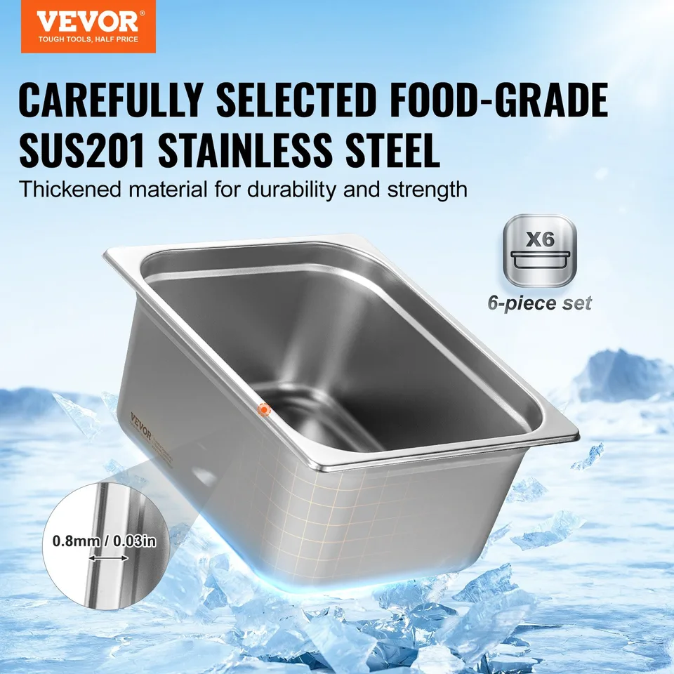 6 Pack Hotel Pans, 1/2 Size Anti-Jam Steam Pan, 0.8mm Thick Stainless Steel Restaurant Steam Table Pan, 6-Inch Deep Commercial Table Pan view 2