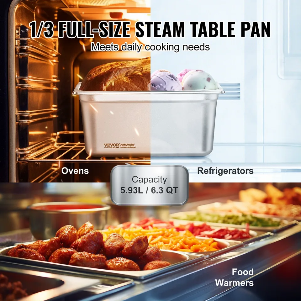 8 Pack Hotel Pans, 1/3 Size Anti-Jam Steam Pan With Lid, 0.8mm Thick Stainless Steel Steam Table Pan, 6-Inch Deep Commercial Table Pan view 3