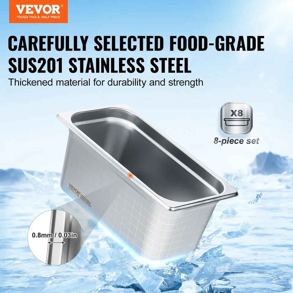 8 Pack Hotel Pans, 1/3 Size Anti-Jam Steam Pan With Lid, 0.8mm Thick Stainless Steel Steam Table Pan, 6-Inch Deep Commercial Table Pan view 4