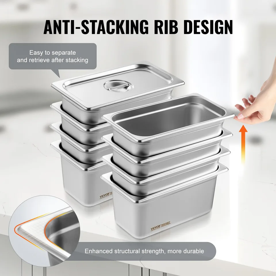 8 Pack Hotel Pans, 1/3 Size Anti-Jam Steam Pan With Lid, 0.8mm Thick Stainless Steel Steam Table Pan, 6-Inch Deep Commercial Table Pan view 2