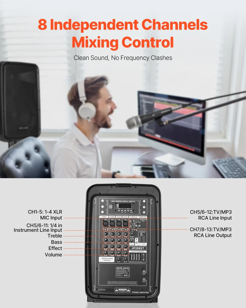 2 X 8 In Speakers Portable PA System 300W Mixer Bluetooth Mic For DJ Party view 2