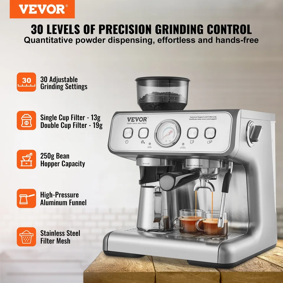 Espresso Machine With Grinder, 15 Bar Semi-Automatic Espresso Coffee Maker With Milk Frother Steam Wand, Removable Water Tank & Pressure view 2