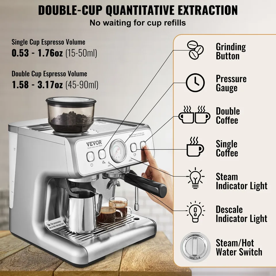 Espresso Machine With Grinder, 15 Bar Semi-Automatic Espresso Coffee Maker With Milk Frother Steam Wand, Removable Water Tank & Pressure view 4