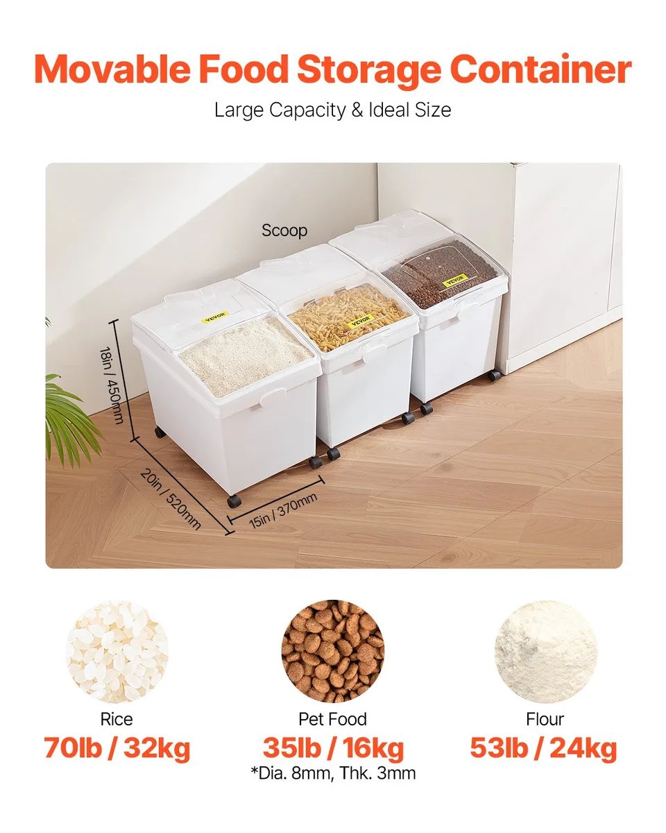 Ingredient Bin, 10.5 Gallons Capacity Ingredient Storage Bin, PP Material Flour Bins On Wheels, White Shelf Ingredient Bin With Scoop And view 2