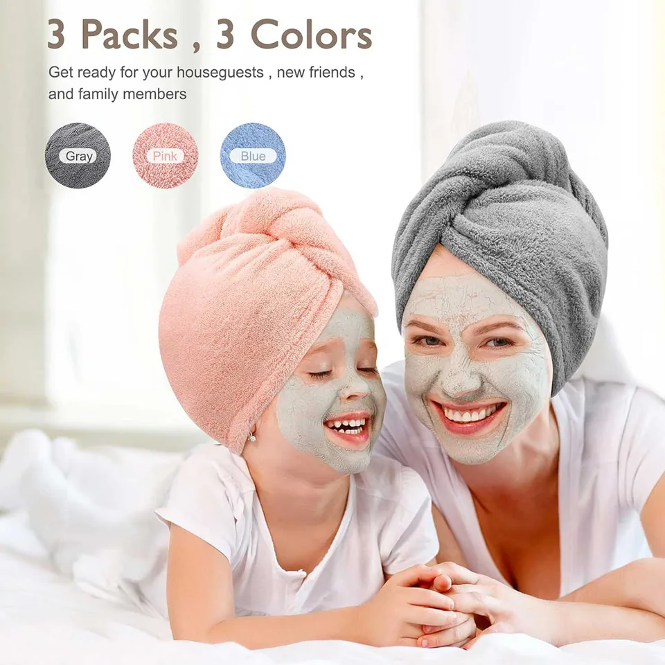 Women 3 PC Microfiber Hair Towel Wrap Ultra Absorbent Hair Turbans For Curly, Long & Thick Hair Blue,Grey,Pink view 3
