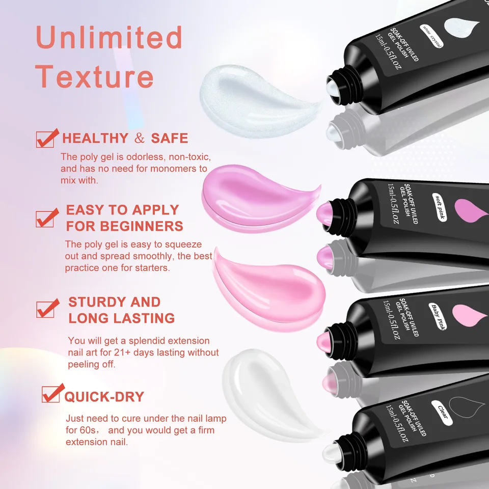 6 PCS Poly Gel Nail Kit With UV Lamp, Nail Brush And Nail Forms Top Base Coat Builder Nails Art Tools view 2