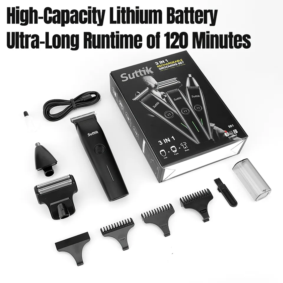 Beard Trimmer, 3 In 1 Hair Clippers And Mens Grooming Kit, Face, Nose, Ear Hair Trimmer - Black view 2