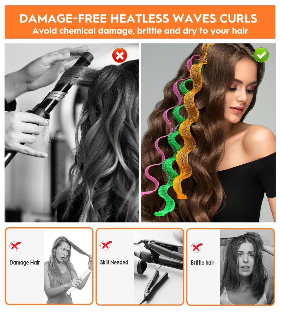 Heatless Hair Curlers Wave Curls Styling Kit For Women Girls On Hair Care - 30 Pcs - 6 Colors