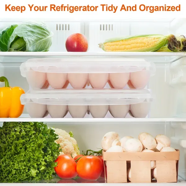 2 Pcs Egg Holder Stackable Plastic Egg Storage Box Egg Rack For Refrigerator With 18 Cavity Per Container Dishwasher Safe view 3