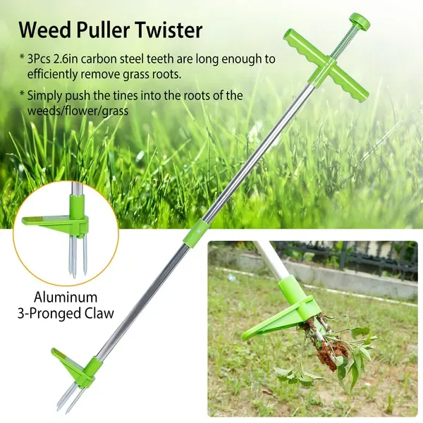 Weed Puller Twister Stand Up Root Removal Hand Tool 3 Claws Aluminum Grass Manual Remover 38.98in Long Handle With Foot Pedal view 2