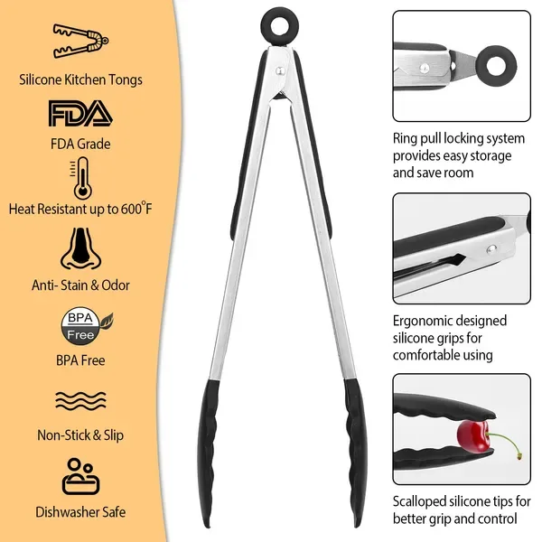 3 Pcs Kitchen Tongs Stainless Steel Locking Food Tongs With Silicon Tips BPA Free Non-Stick BBQ Cooking Grilling Locking Food Tongs view 4