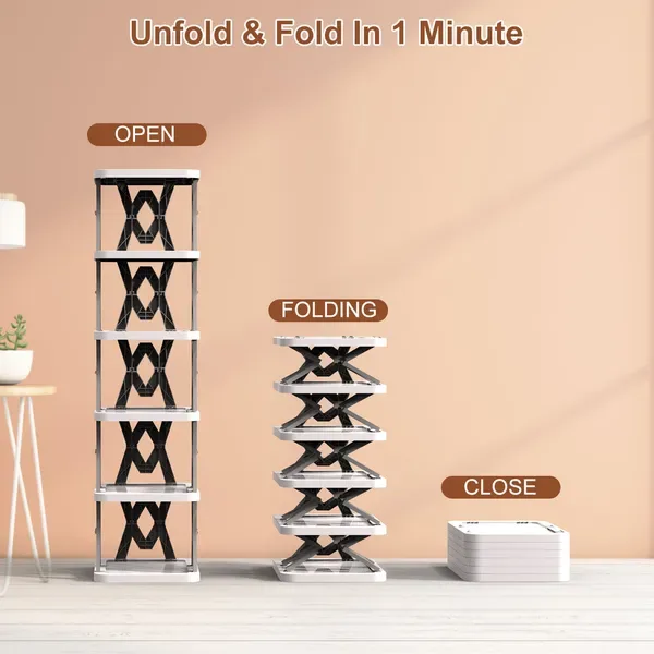 6 Tier Foldable Shoe Rack Vertical Shoe Organizer Narrow Shoe Rack For Small Spaces Space Saving Free Standing For Corner Entryway Hallway view 2