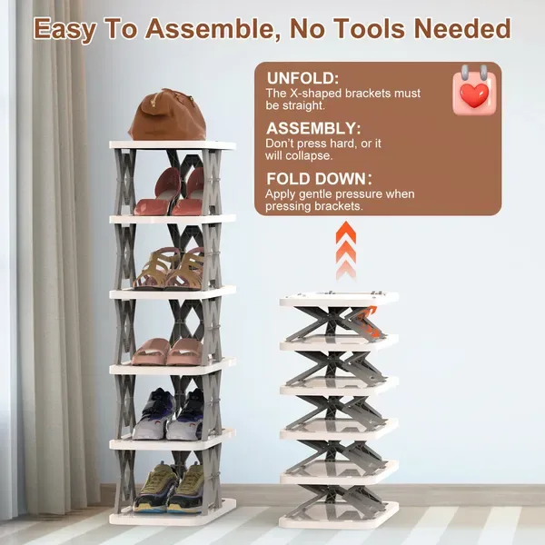 6 Tier Foldable Shoe Rack Vertical Shoe Organizer Narrow Shoe Rack For Small Spaces Space Saving Free Standing For Corner Entryway Hallway view 3