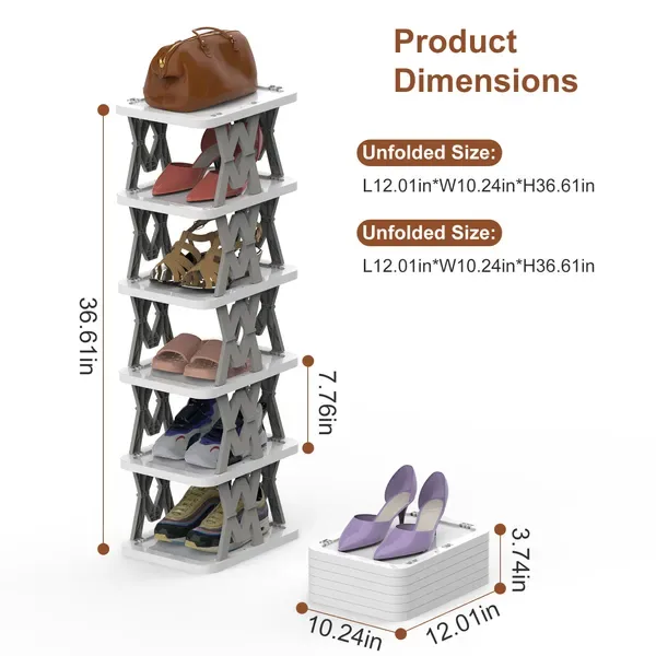 6 Tier Foldable Shoe Rack Vertical Shoe Organizer Narrow Shoe Rack For Small Spaces Space Saving Free Standing For Corner Entryway Hallway view 4