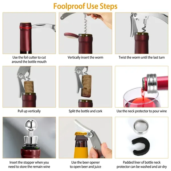 3 Pcs Corkscrew Bottle Opener Set Tool Foil Cutter Drip Collar Protector Cork Stopper Wine Bottle Cap Opener view 3