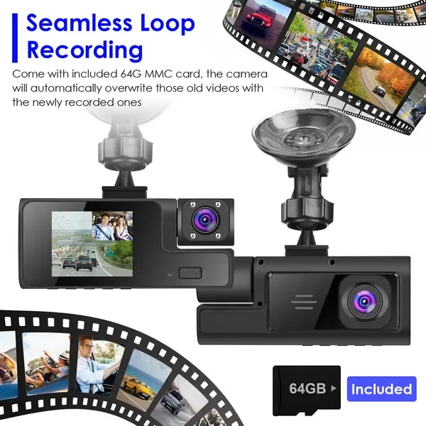 WiFi FHD 1080P Car Dash Cam 3 Channels Front Rear Inside Dash Camera With Loop Recording Reversing Visual 170° Wide Angle 64G Card Included view 3