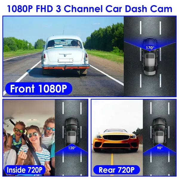 WiFi FHD 1080P Car Dash Cam 3 Channels Front Rear Inside Dash Camera With Loop Recording Reversing Visual 170° Wide Angle 64G Card Included view 4