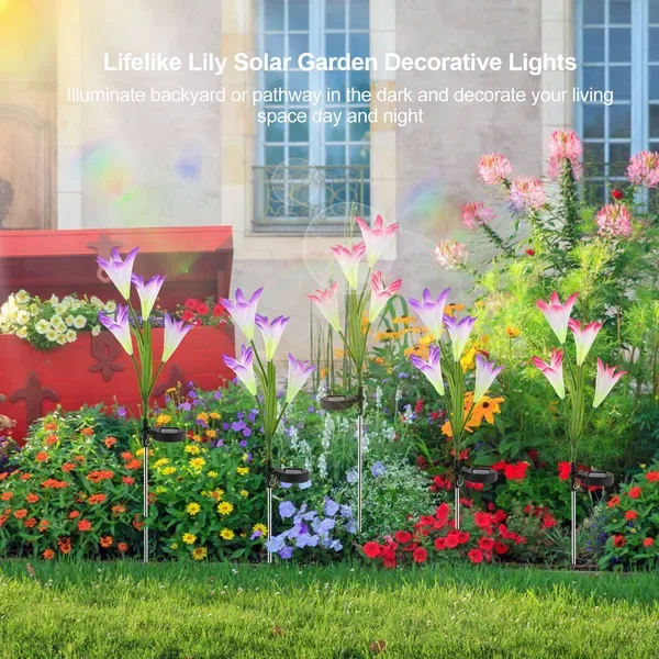2 Pcs Solar Garden Lights Outdoor Lily Flower LED Light 7-Color Changing IP65 Waterproof view 4
