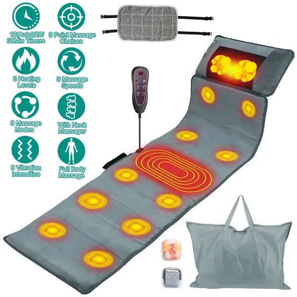 Full Body Electric Massage Mat With Heat Vibration Massage Pad Cushion Back Massage Mattress Chair Pad With Neck Massage Pillow With 10 Vibration Motors Timer Anti-Slip Bottom Earplugs