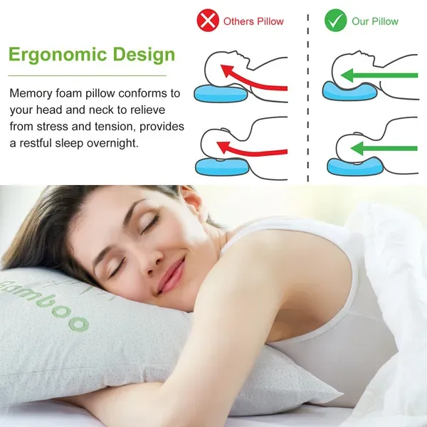 Bamboo Memory Foam Pillow Hypoallergenic Bed Pillow With Washable Cover [King Size] view 4