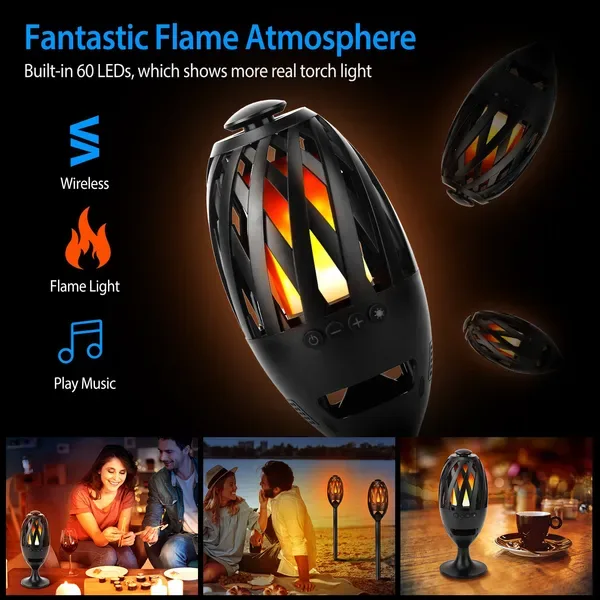LED Flame Speakers Torch Wireless Speaker Waterproof Stereo Bass Speaker Outdoor Light-Up Speaker Atmosphere LED Flickers Night Light Patio Stake Lights/Lantern For Party Camping view 3