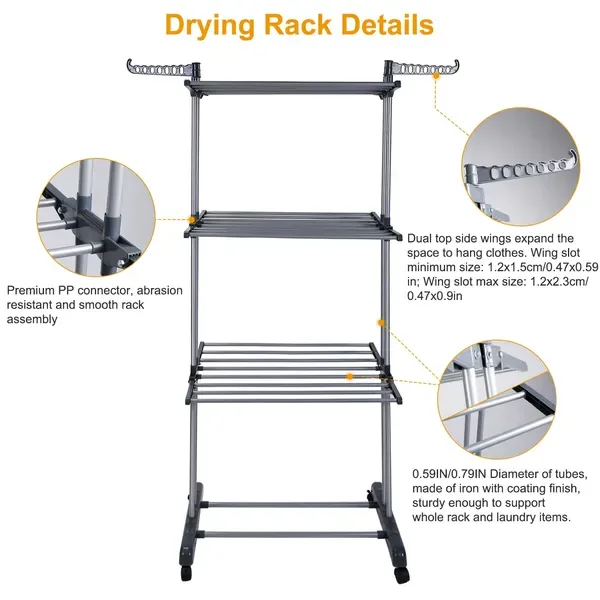 Clothes Drying Rack Rolling Collapsible Laundry Dryer Hanger Stand Rail Shelve Wardrobe Clothing Drying Racks view 3